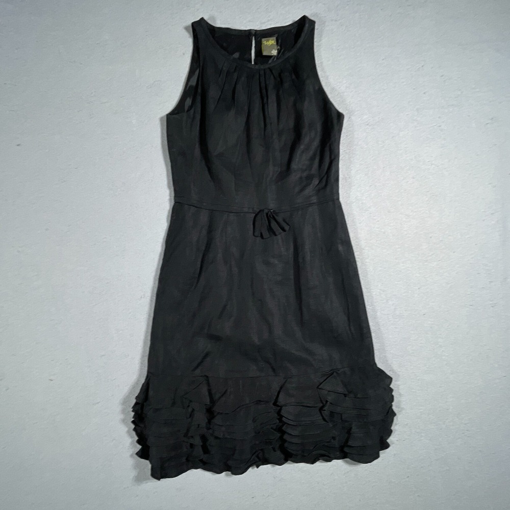 Taylor Nordstrom Linen Shift Dress Women Size 2 Ruffle Black Minimalist - Picture 2 of 15
